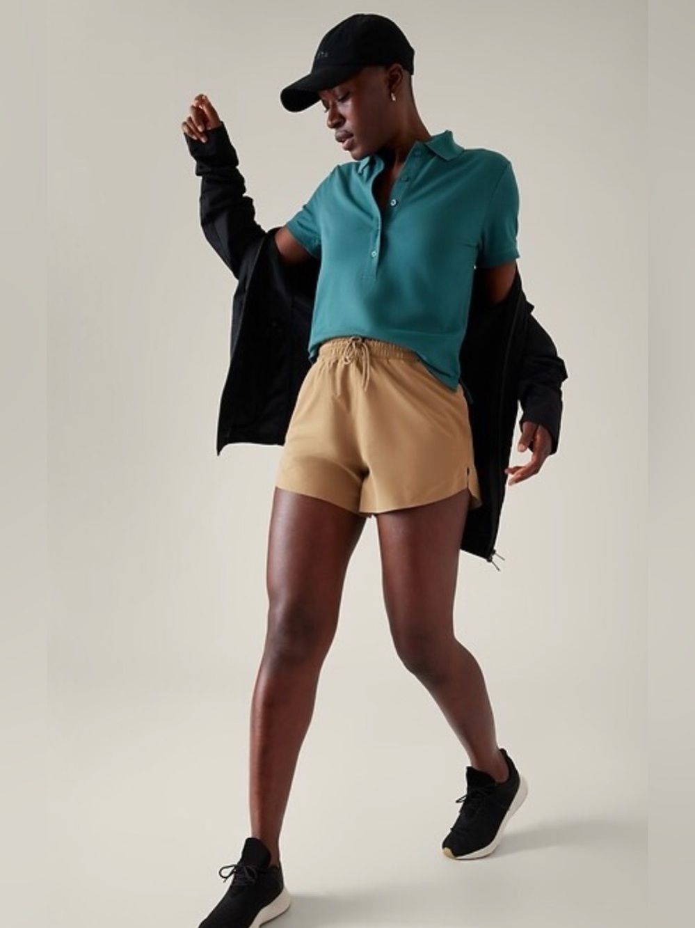 Athleta On The Go Polo Borealis Green Medium Supima Cotton Travel Collared Shirt